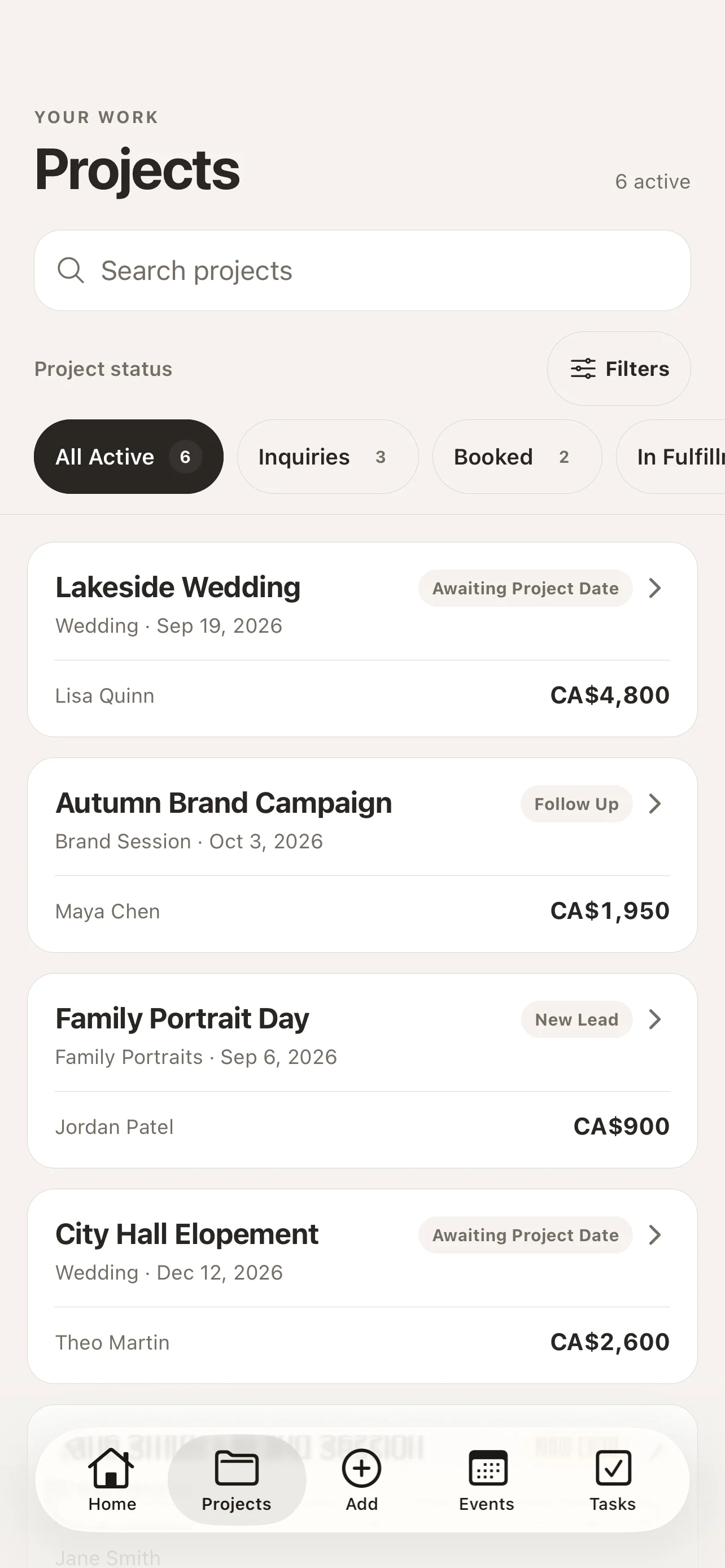 The LYGHTBOX mobile Projects screen with active shoots, client names, and project statuses.