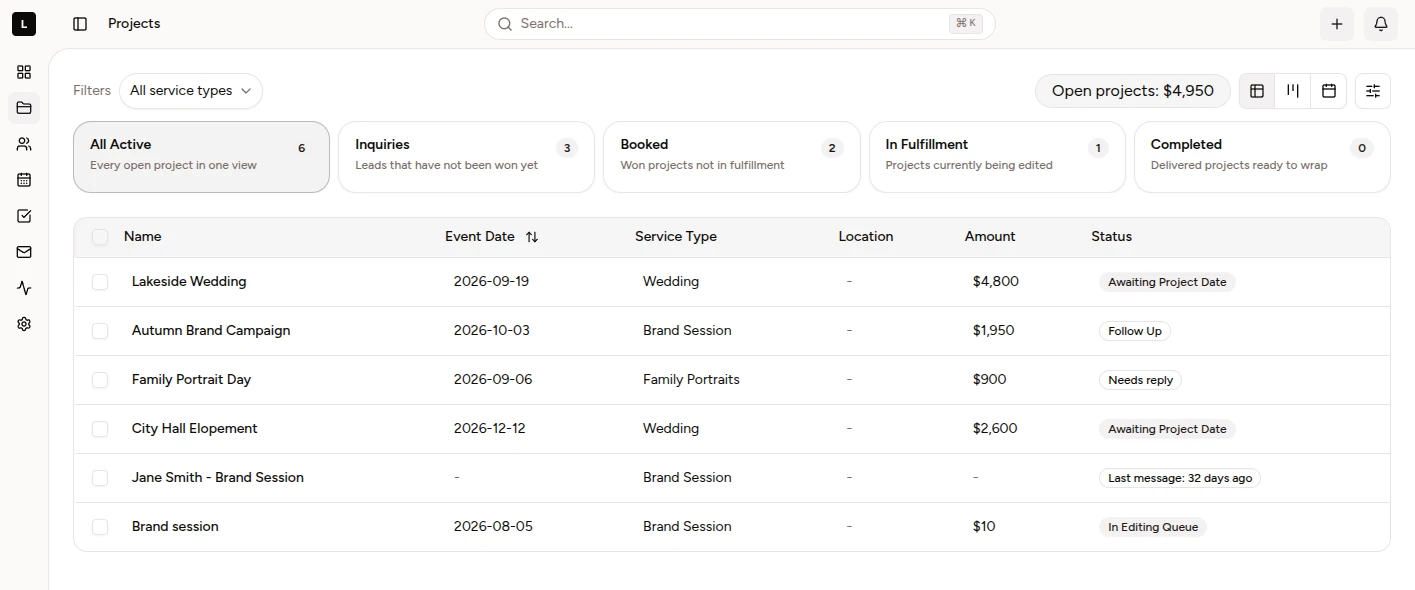 Photography projects grouped by their built-in lifecycle, with contract and payment progress.